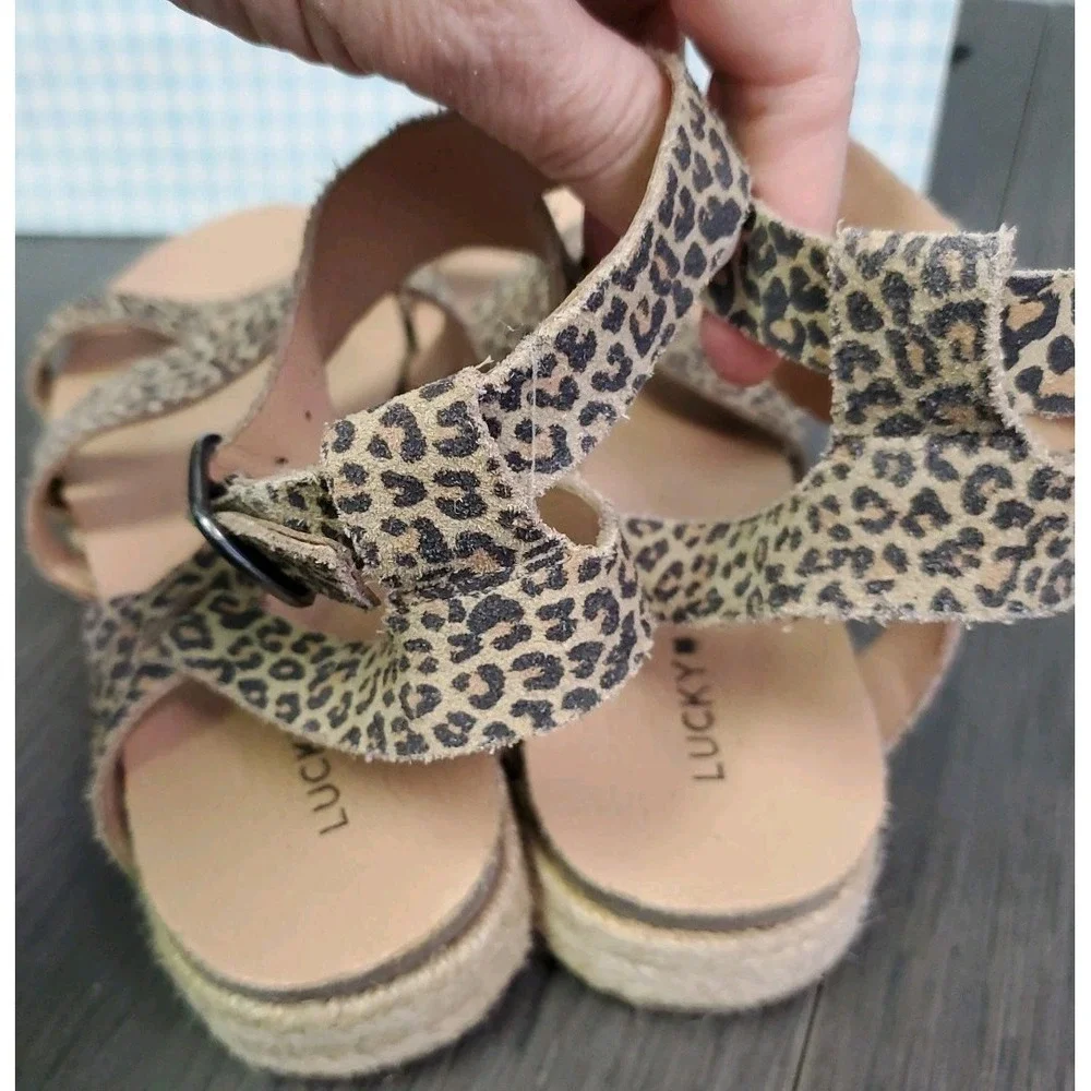 Lucky Brand Sandals Womens 7M Glaina Leopard‎ Print Strappy Woven Heel Boho